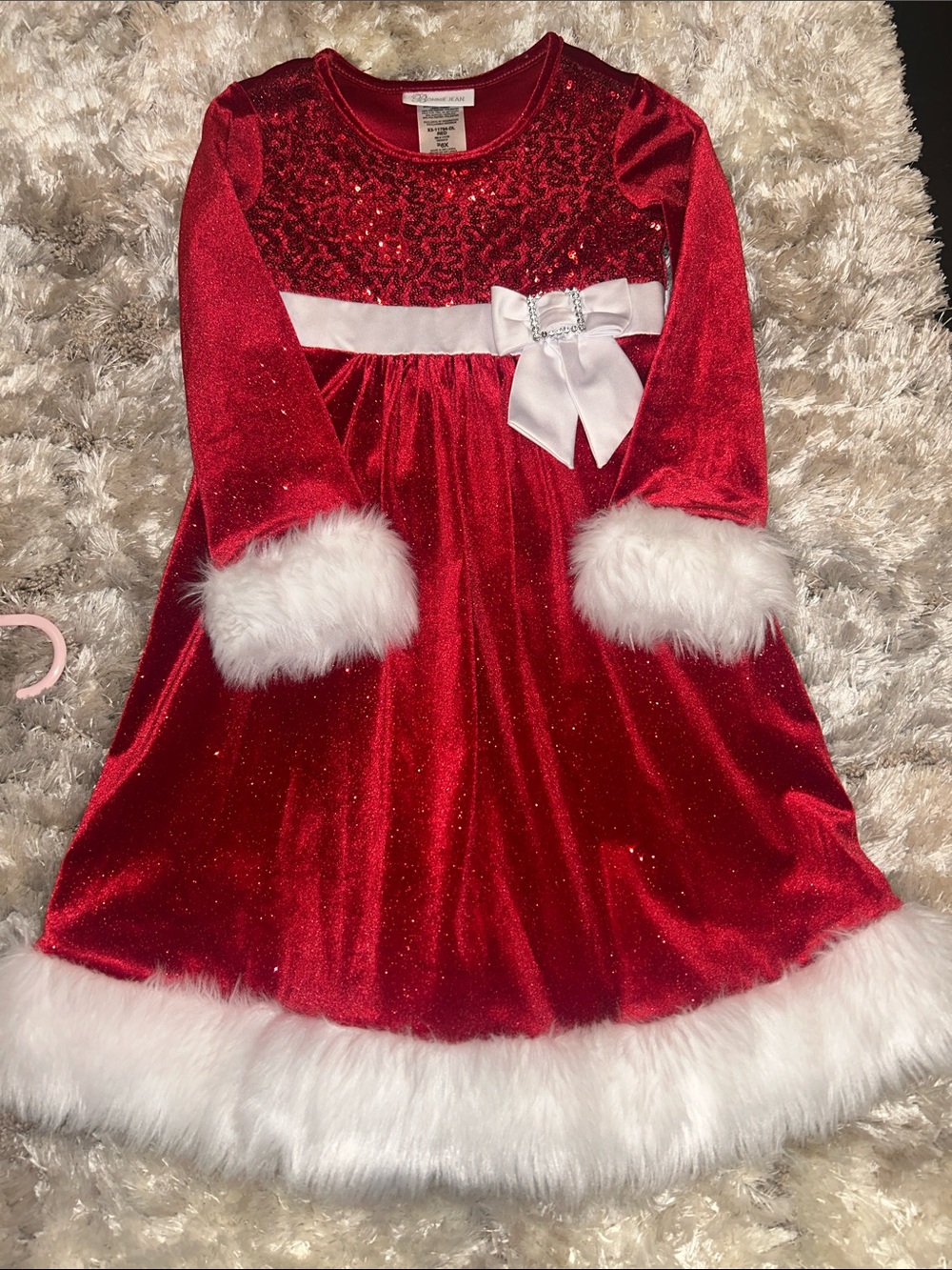 Bonnie Jean Red Velvet Girls' Dress with White Faux Fur Trim